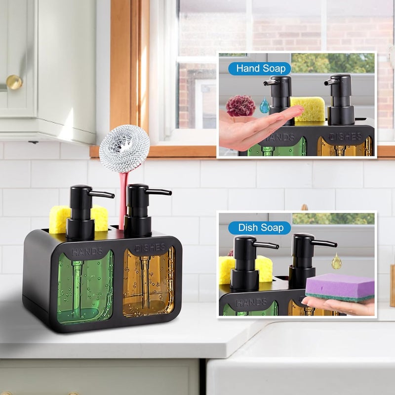 Eavida Kitchen Soap Dispenser Set, with Hand and Dish Soap, Sponge Caddy and Brush Holder 4-in-1 Kitchen Dual Soap Dispenser Set for Kitchen Sink, Bathroom - Black - Image 4